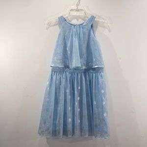 Blue knee length, shimmery, polka dot, dress.